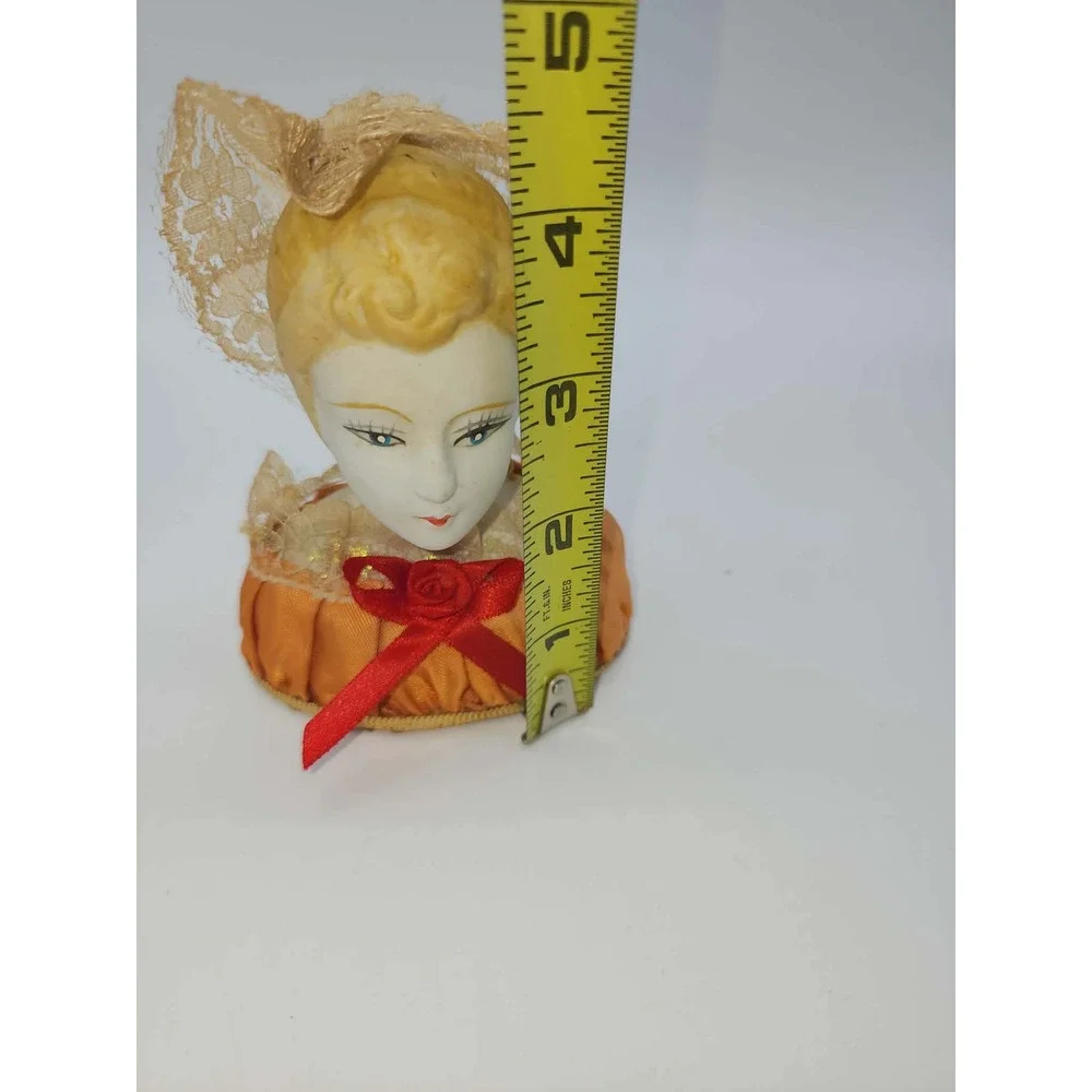 Vintage Porcelain Half Doll Pin Cushion Lace Headdress Orange Satin Base Antique - Picture 9 of 11